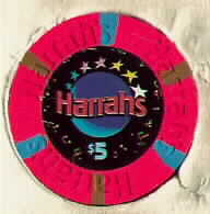 Red. 3 blue, brown insets. Harrah's logo. back