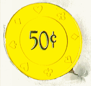 Lucky Eagle Casino. $.50 Yellow. gold hot stamp. cardsuits. back.