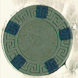 Gray. 5 blue insets. Gold hot stamp. Large key