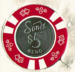Red. 6 white insets. Cardsuits & dice. Metal center.