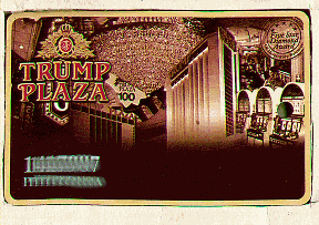 Brown. Photo of hotel, chandelier, slot machines. White name/number