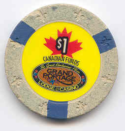 $1. Grand Portage. Dark cream. 3 blue insets. Yellow inlay. Canadian funds.