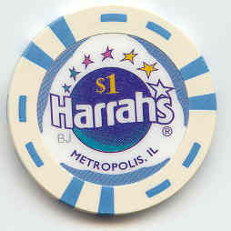 White. 6 blue insets. Harrah's logo